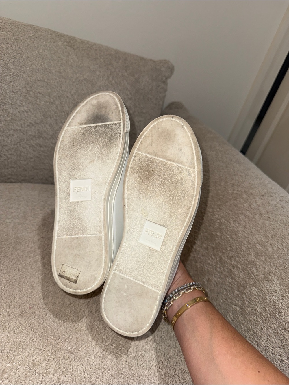 Fendi White Leather Slip-On Sneakers with Pink and Black Stripe - Picture 6 of 7